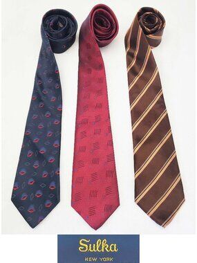 Sulka Men's Set of 3 100% Silk  Tie Ties Blue Burgundy Brown